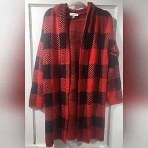 Cozy Red and Black Checkered Women's Knee length Cardigan size: S